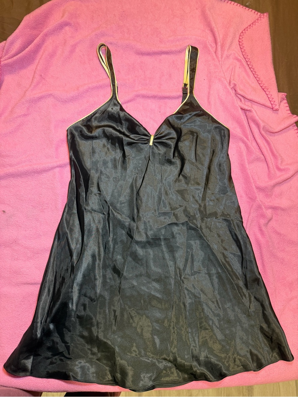 Jones New York Black Satin Slip with Gold-Trim Straps and Accent